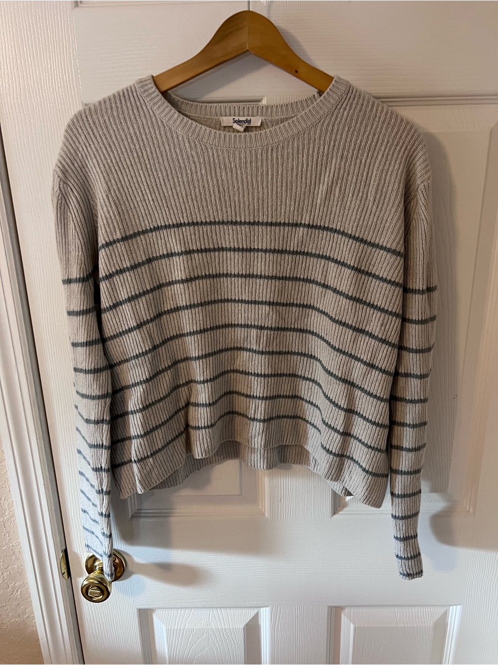 Splendid Lucy Stripe Crewneck Sweater in Pale Oak Heather / Ice Navy